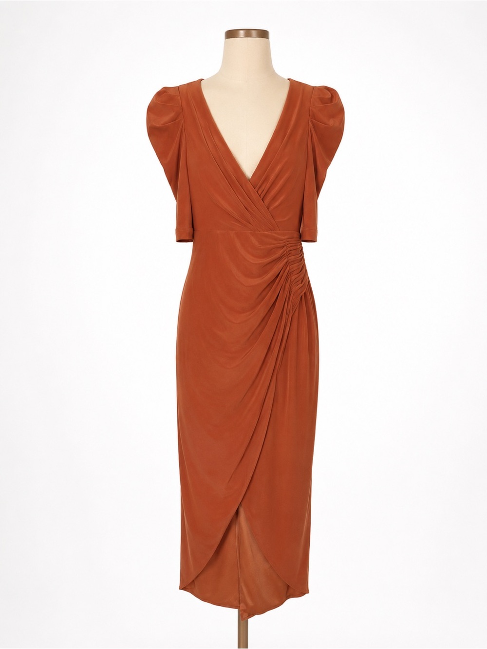 Mac Duggal Ruched Wrap Midi Dress Orange Puff Sleeve Wedding Guest Size 2